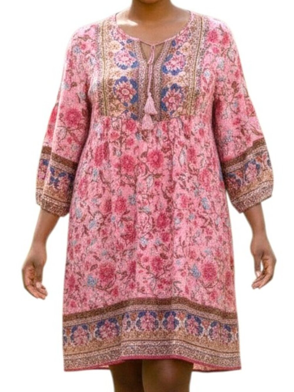 Noracora‎ long-sleeve, pink bohemian floral print tunic dress Size XL